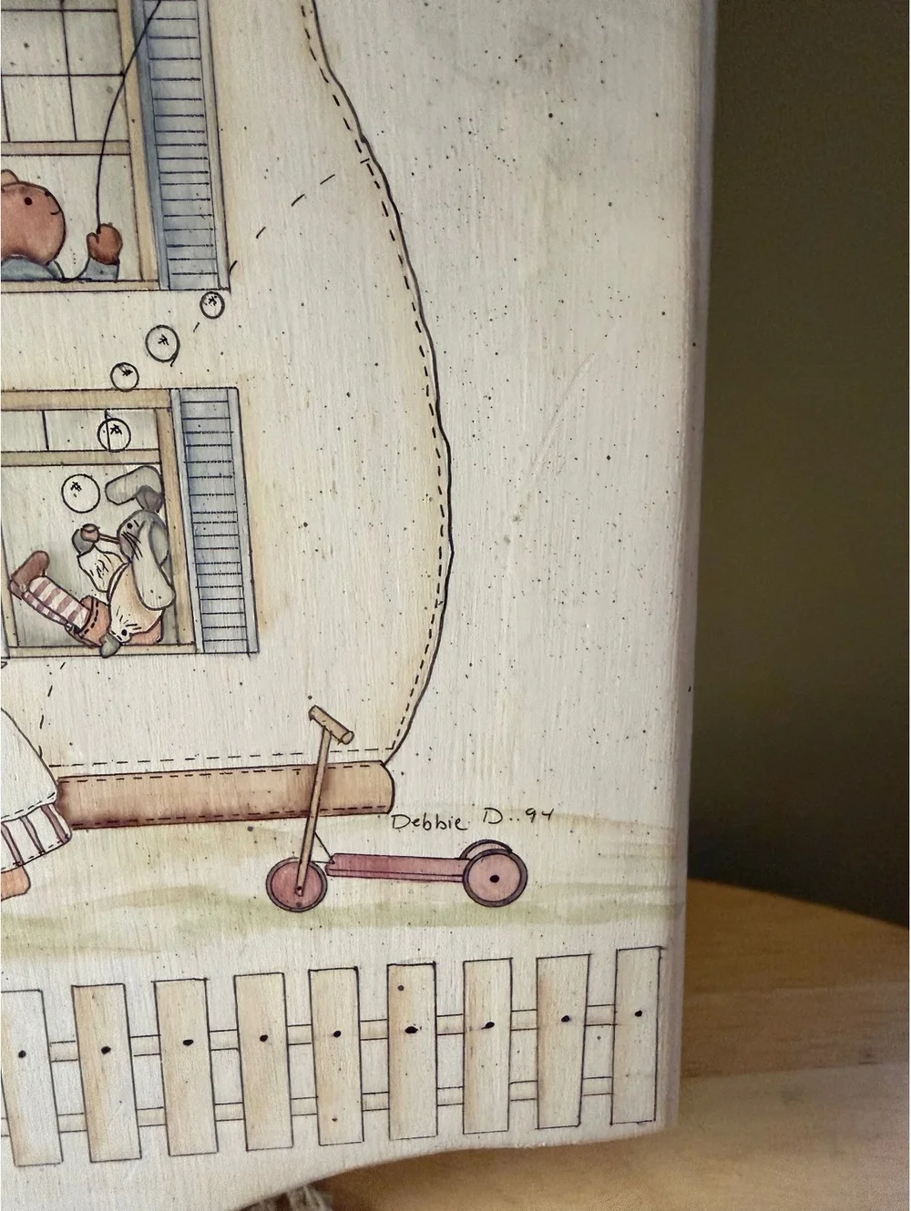 Hand-Painted Wooden Plaque with Charming House Scene by Debbie D. 1994